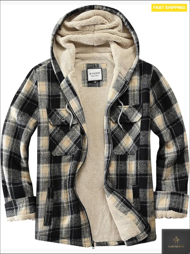 Full Zip Fleece Flannel Jacket Plaid Sherpa Lined Warm Hooded Jacket